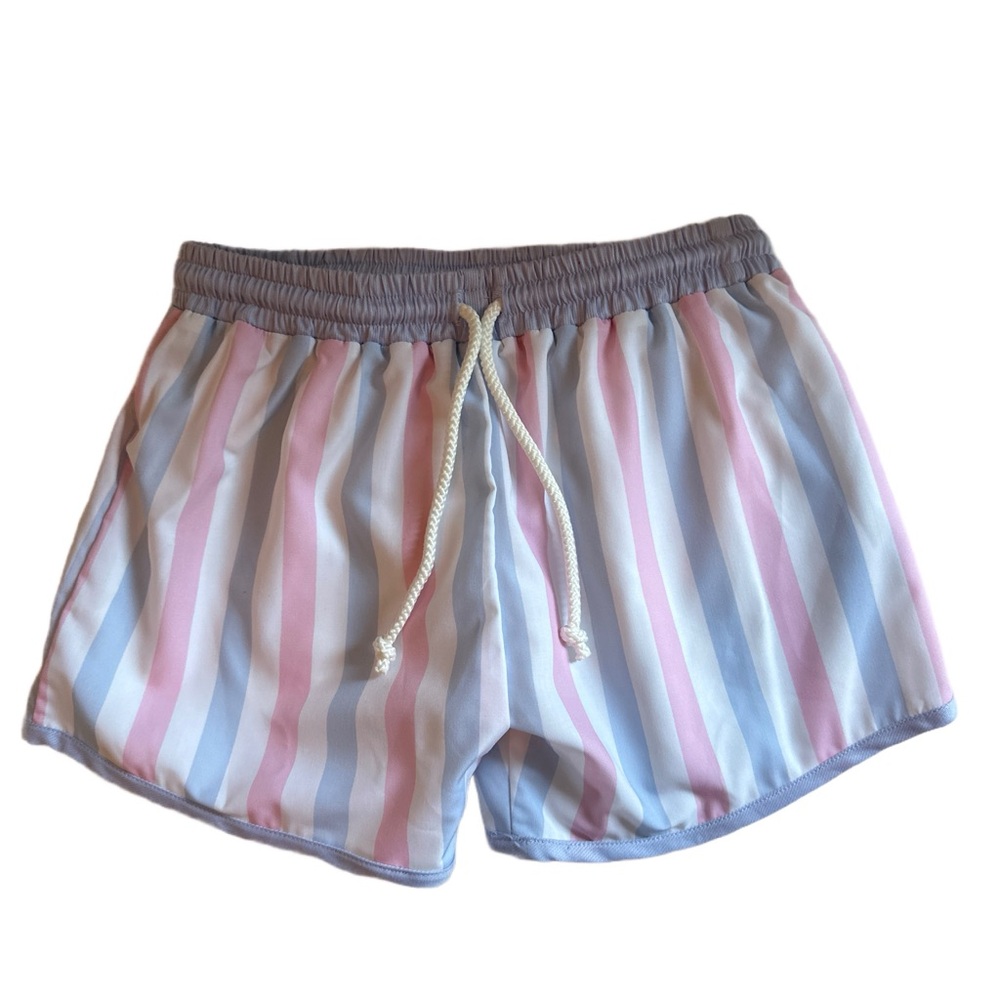 Pink and blue striped swim trunks